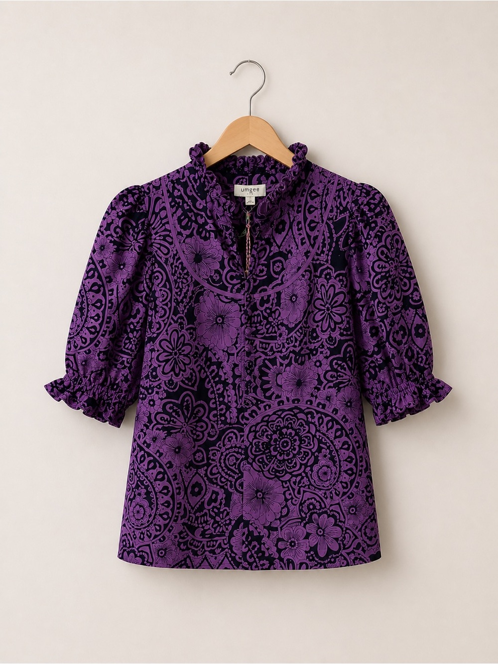 Umgee Purple Floral Paisley Top Small Boho Ruffle Neck Puff Sleeve Cotton NWT